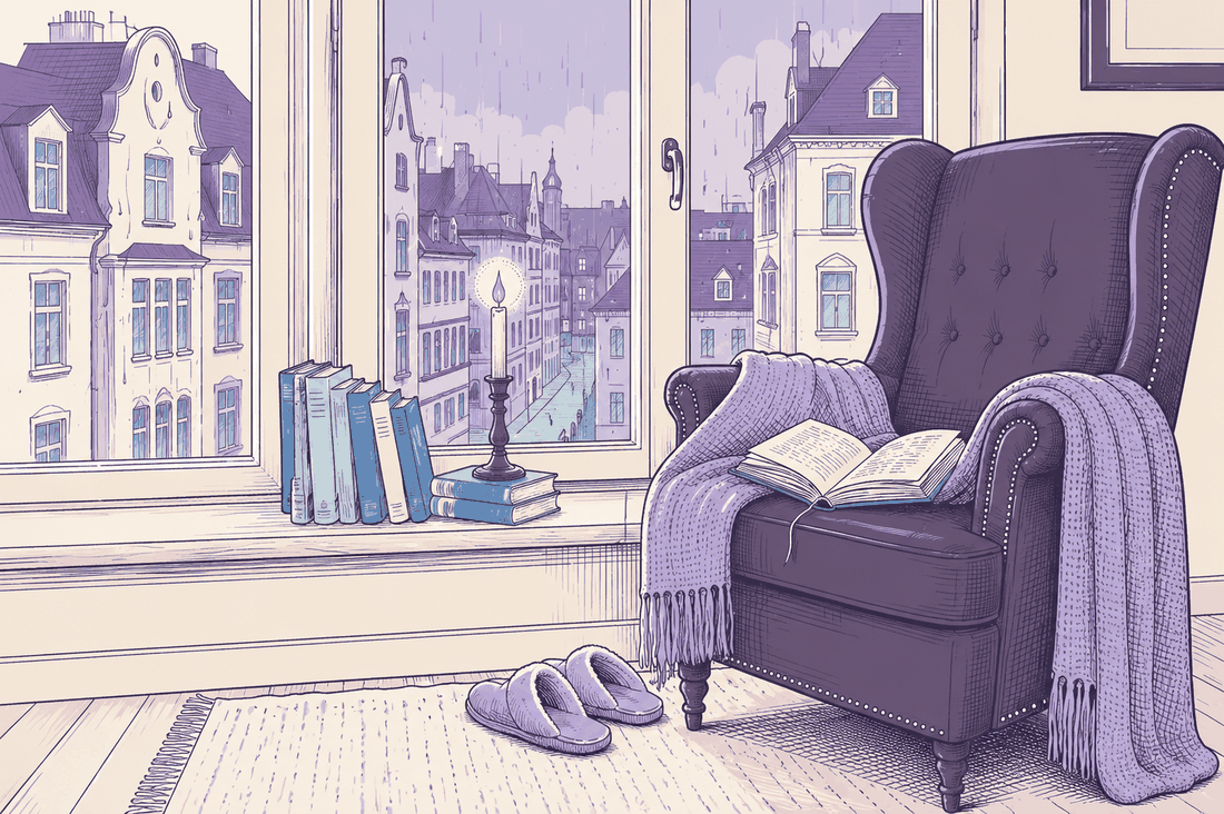 A reading chair by a rainy window, an open book waiting